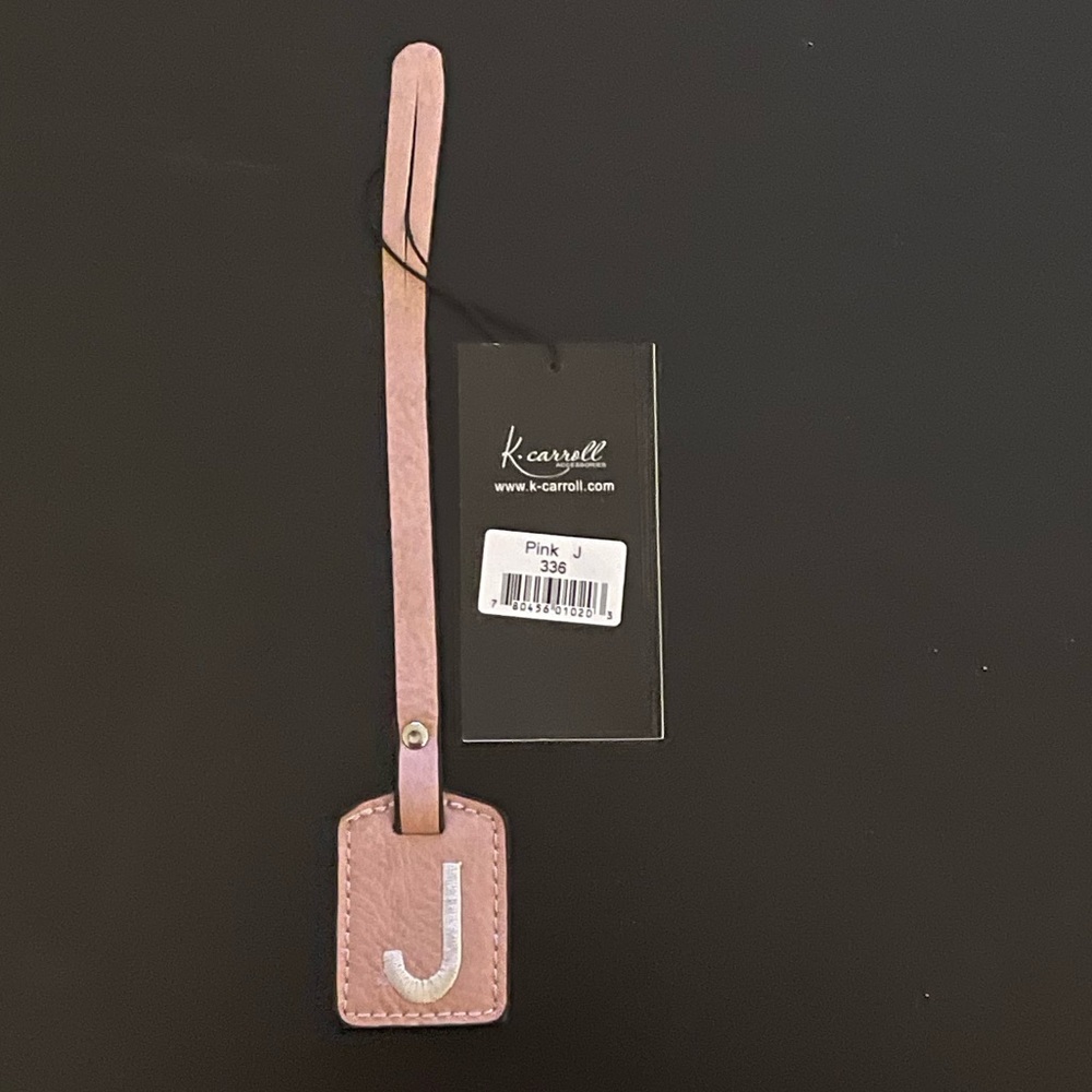 NWT “K•Carroll” Bag Tag,  Monogram Letter "J" Pink Bag Tag with "White" Letter